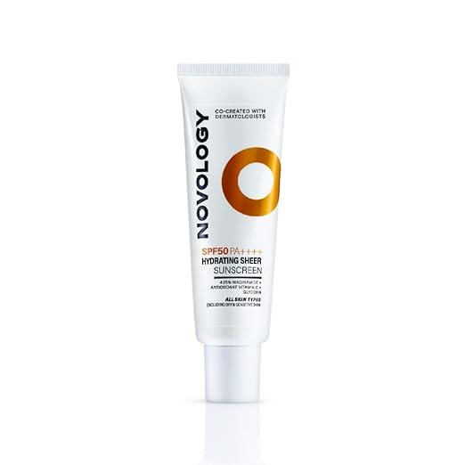 Novology SPF 50 PA++++ Hydrating Sheer Sunscreen with 4.5% Niacinamide, 50 gm | No White Cast | Non-Sticky | Broad-Spectrum Protection for Dry & Sensitive Skin