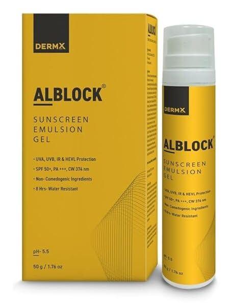 DERMX ALBLOCK Sunscreen Emulsion Gel SPF 50 PA+++ | UVA, UVB, IR & HEVL Protection | 50 g