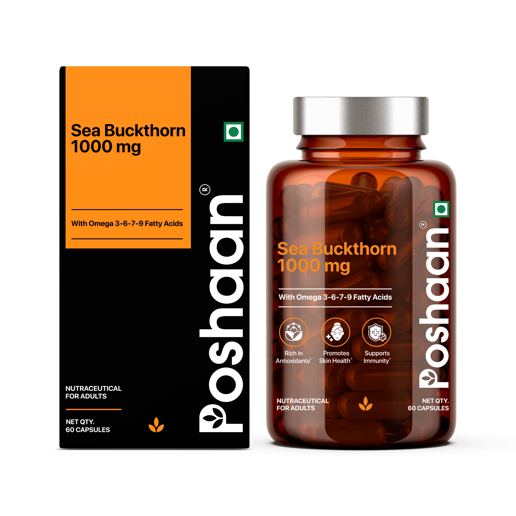 Poshaan Sea Buckthorn 1000mg | Omega 3, 6, 7 & 9 | Skin, Heart & Immune Support | 60 Vegetarian Capsules