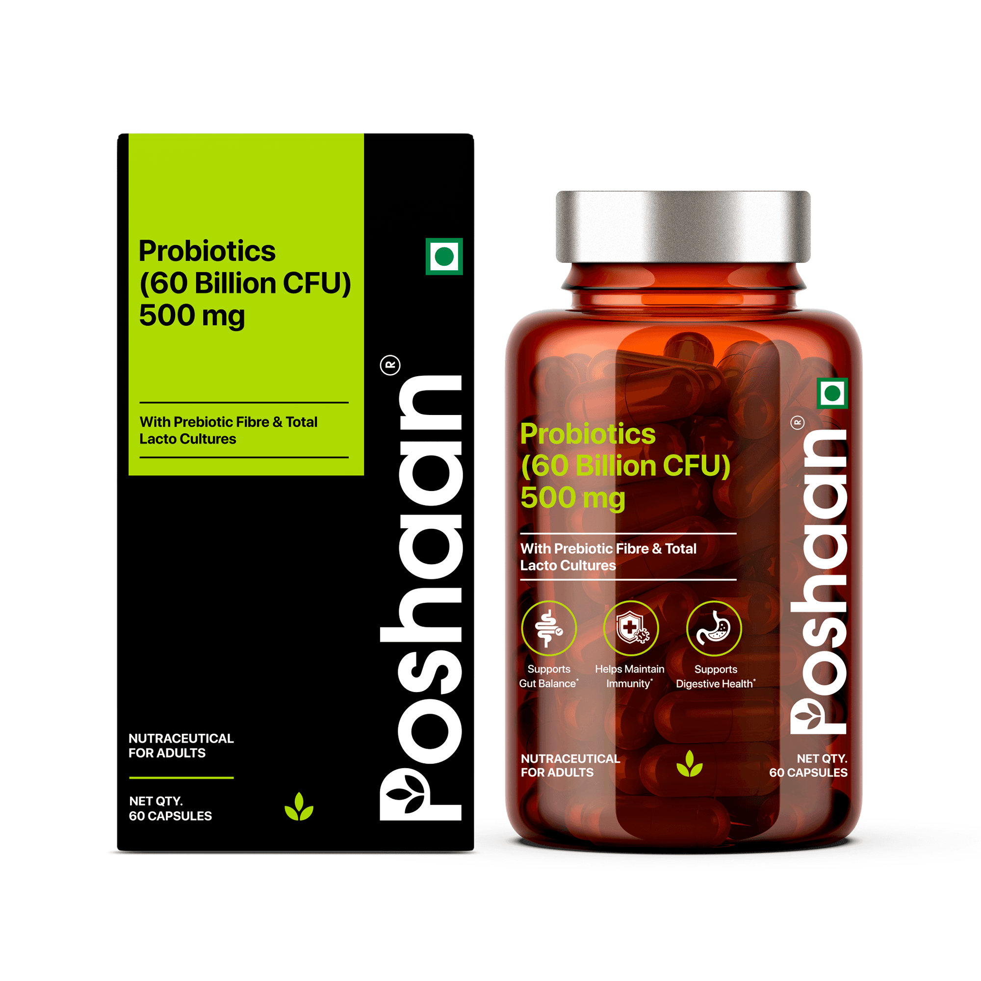 Poshaan Daily Probiotics 60 Billion CFU | Gut Balance & Digestive Wellness | 60 Veg Capsules