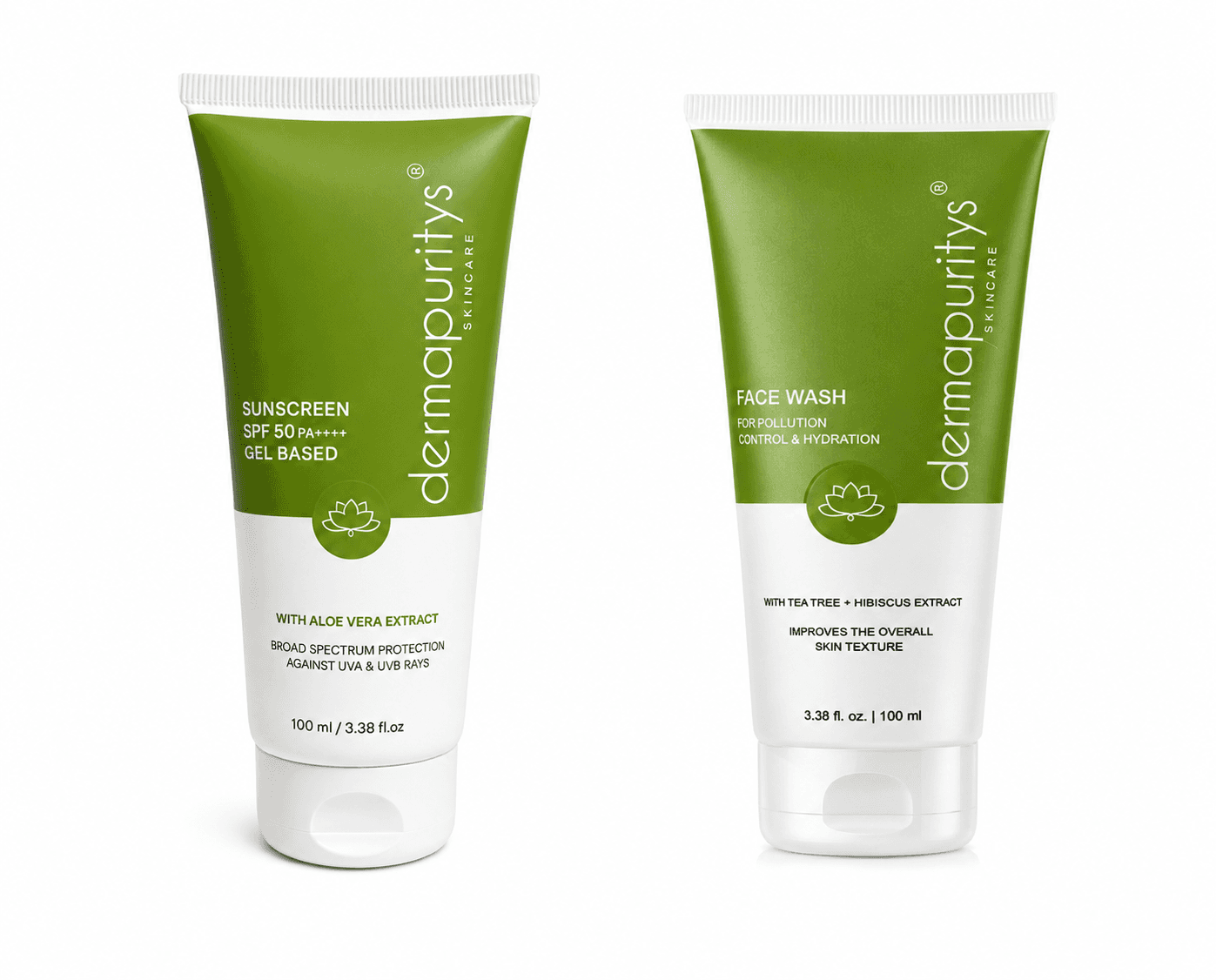 Derma Puritys Sunscreen SPF 50 gel-based - 100ml + Face wash for pollution control and hydration -100ml | Skin Care Combo | For All Skin Types