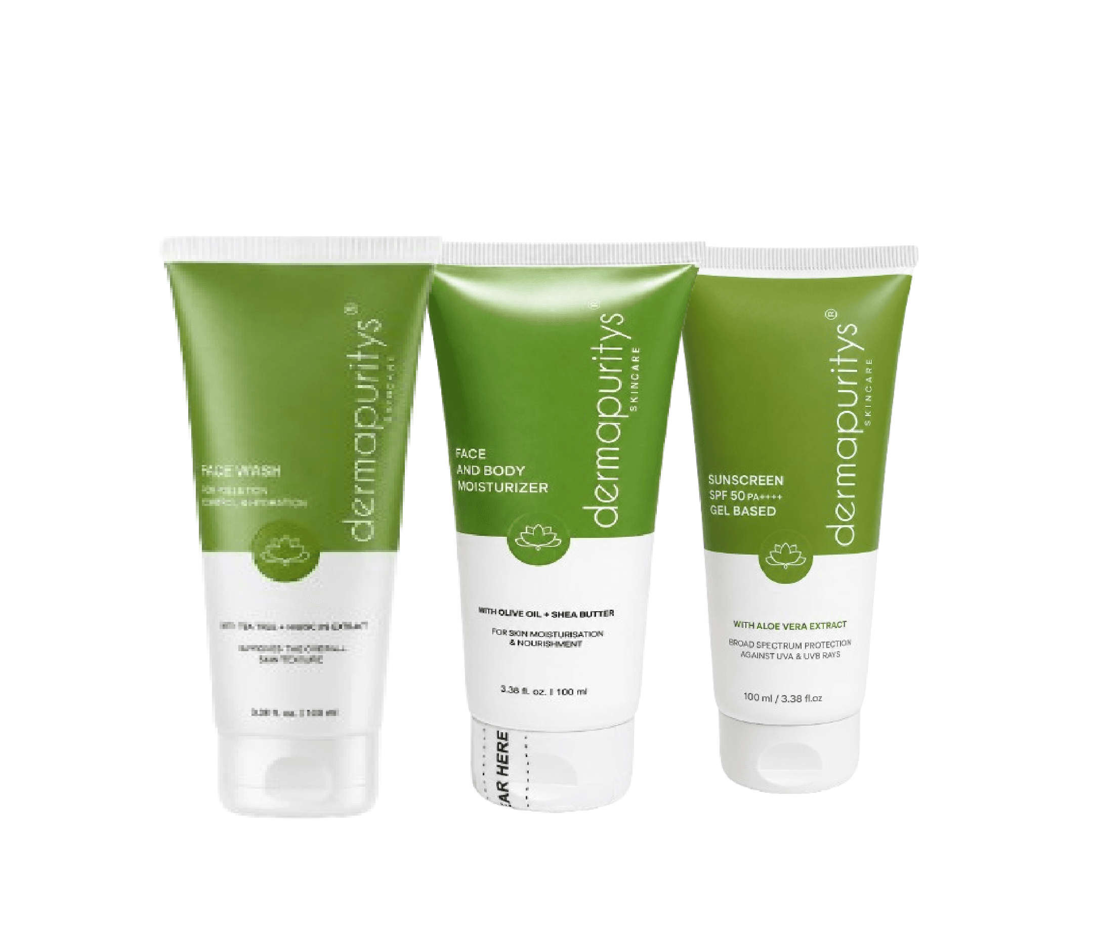 Derma Puritys 3-in-1 Skincare Combo - Gentle Face Wash (100 ml), SPF 50 Sunscreen (100 ml), and Hydrating Face & Body Moisturizer (100 ml), For all skin types