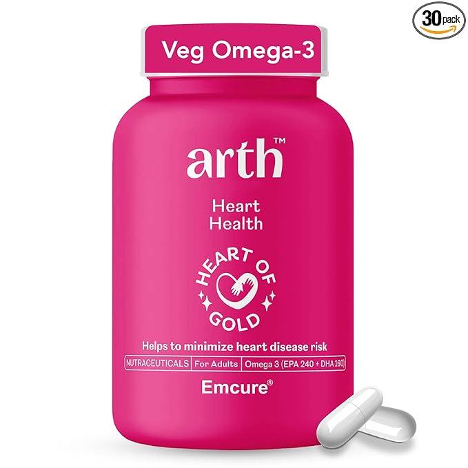ARTH Heart Health Support | Omega 3 Supplement to Support Cardiovascular Health & Cholesterol Management | 100% Natural Omega 3 Capsules with EPA 240mg & DHA 160mg | 1 Month Pack (30 Veg Capsules)